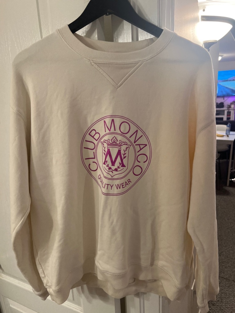 Club Monaco Cream Crewneck Sweatshirt with Pink Crest